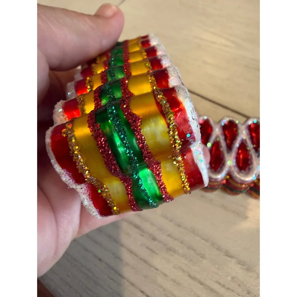 Old World Christmas Ribbon Candy Glass Ornaments Set of 2 Red Green Gold Glitter